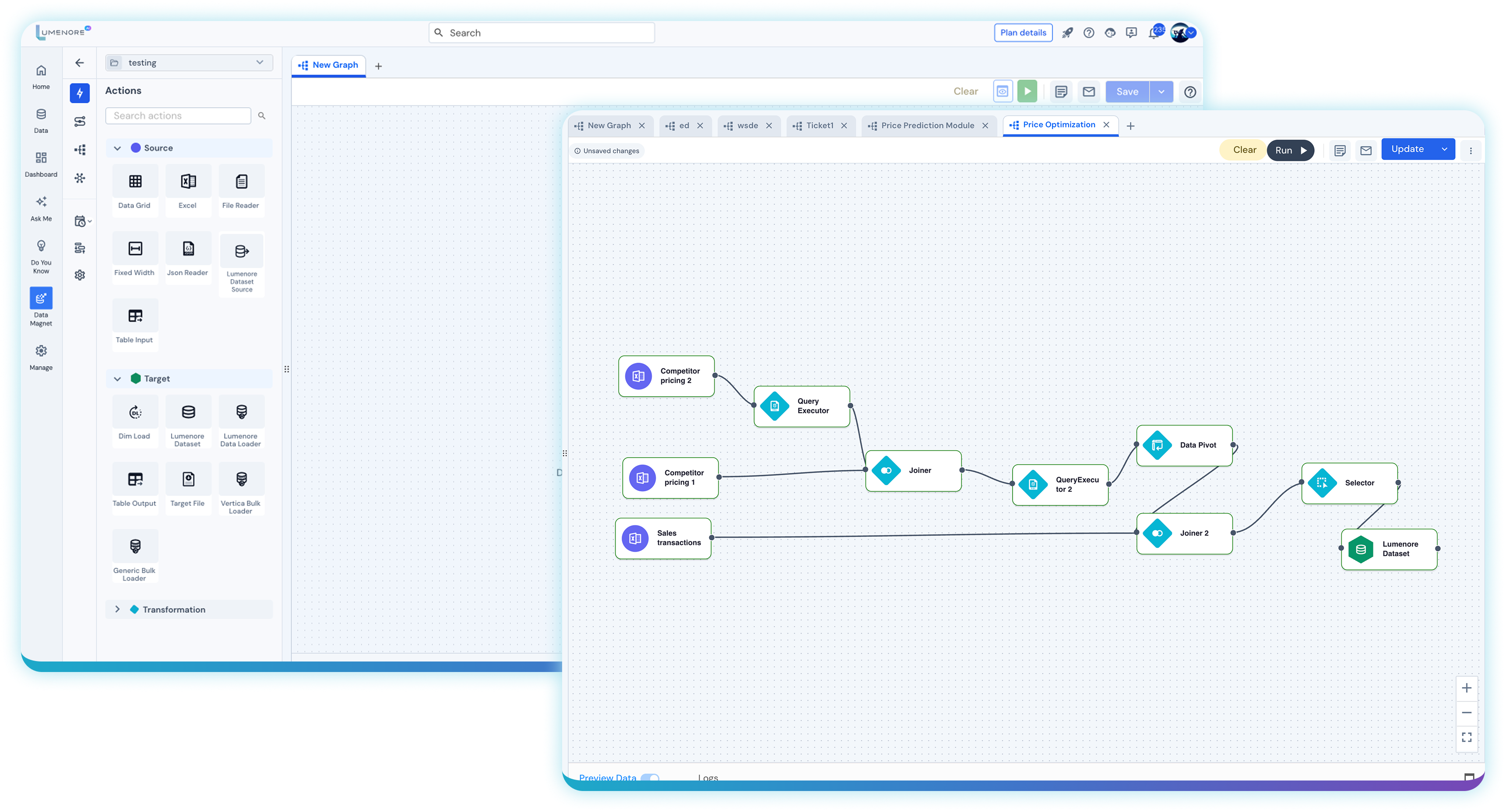 Lumenore Data Magnet visual pipeline builder canvas